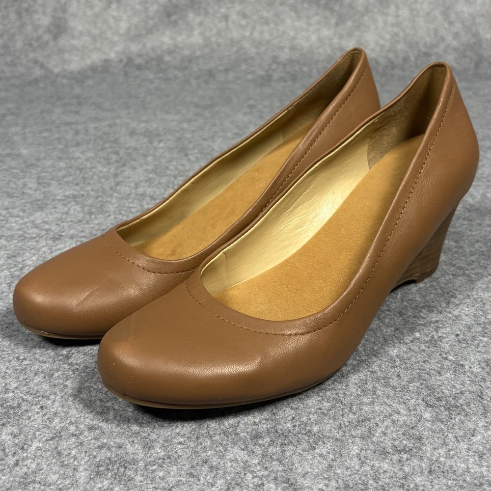 Naturalizer Round‎ Toe Wedge Pumps 8.5 M Tan Leather Comfort Office Shoe